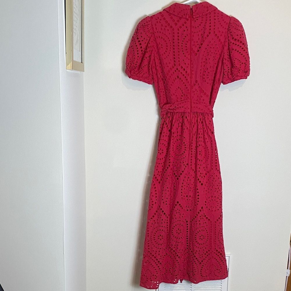 Badgley Mischka Eyelet Belted Vneck Midi Dress Red Raspberry Pink Puff Sleeve 4 - Picture 8 of 8